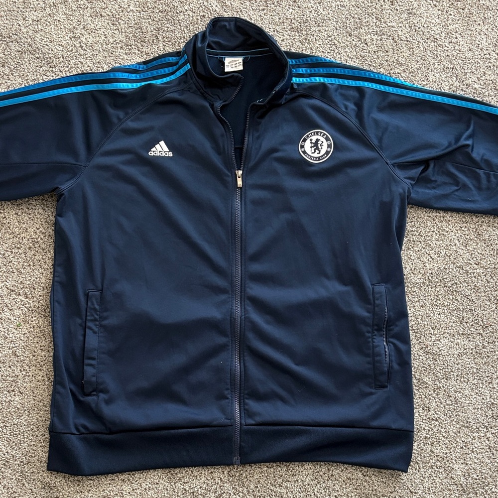 Adidas Men's Dark Blue Track Jacket with Light Blue Stripes